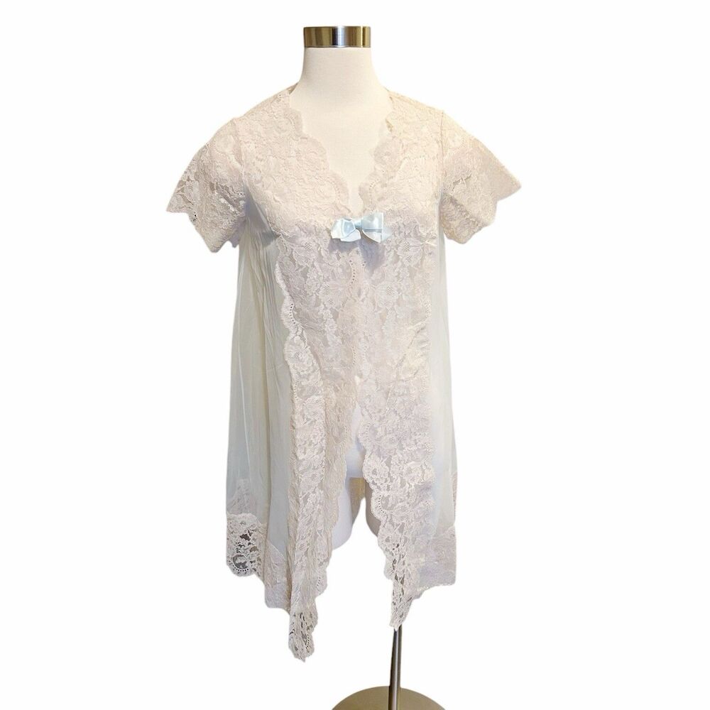 Shadowline VTG 60s Peignoir Short Sheer Lace Robe Negligee Sz S Baby Blue